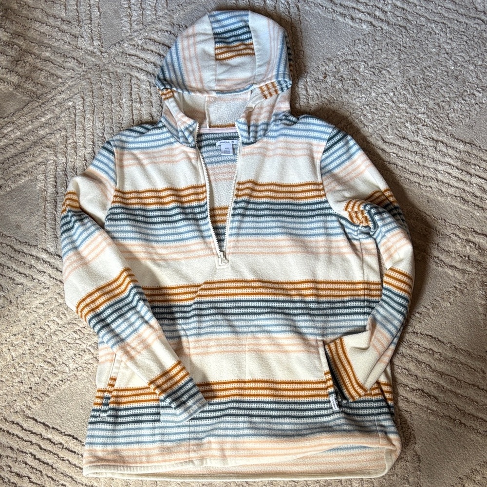 O'Neill Striped Half-Zip Hoodie Sweater in Cream, Blue & Mustard
